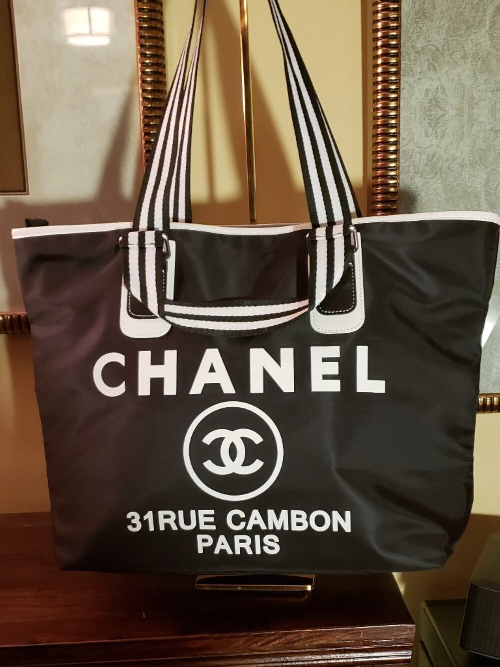 New CC Novelty Black & White Tote with double cloth straps
